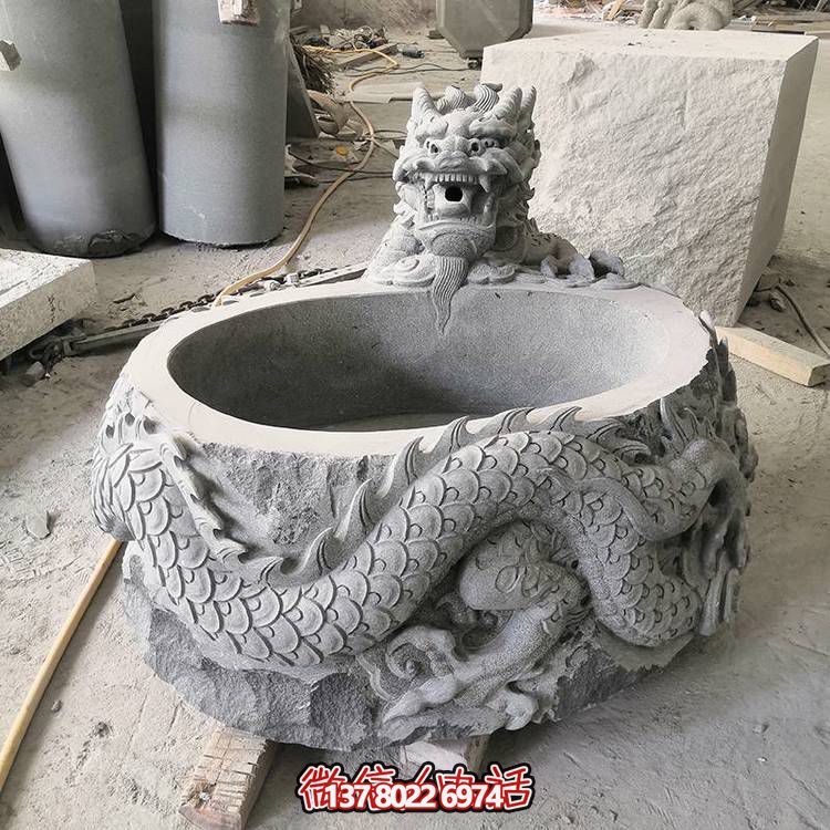 仿古石缸水缸青石龍形浮雕雕塑，為您的庭院增添一抹古樸