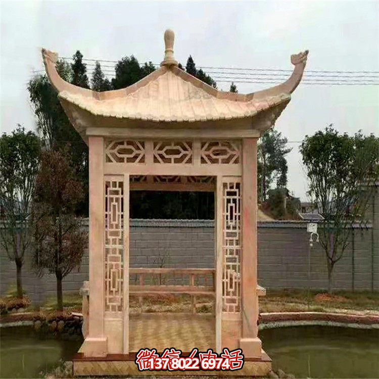 紅石雕鏤涼亭，晚霞中空中創(chuàng)意雕塑