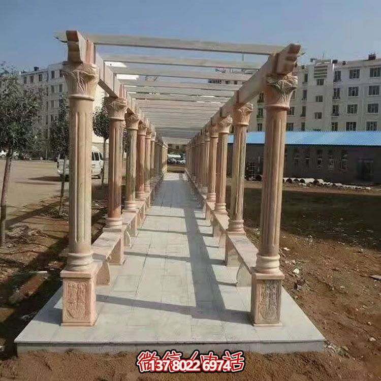 學(xué)院廣場擺放晚霞紅花架長廊涼亭