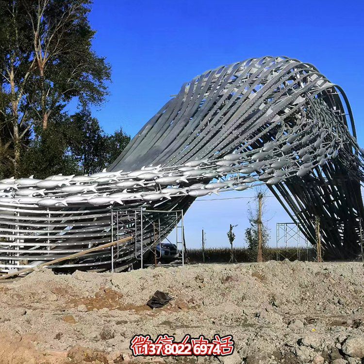 沖浪魚群、水波不銹鋼景觀雕塑