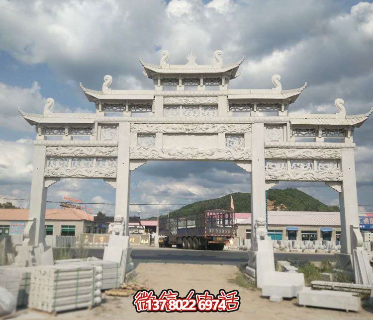村莊道路街邊三門(mén)五樓大理石牌坊石雕 村莊道路街邊三門(mén)五樓大理石牌坊石雕
