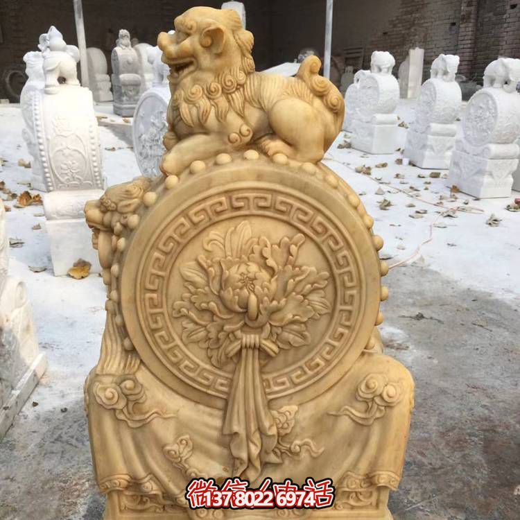 天然石材黃銹巖雕刻小獅子招財(cái)鎮(zhèn)宅抱鼓石門(mén)墩